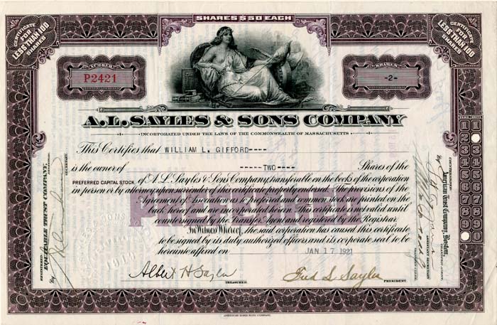 A.L. Sayles and Sons Co. - Stock Certificate